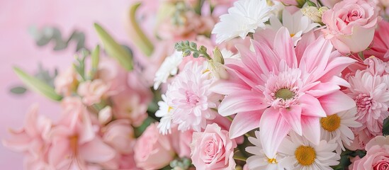Aufkleber - Florist bouquet of cut pink lily, rose, carnation, daisy flowers. pastel background. with copy space image. Place for adding text or design