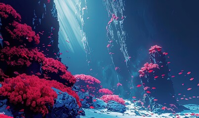 Wall Mural - Underwater view of the blue sea with red coral reefs growing on rough boulders at the bottom of the clear sea under blue water