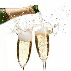 Champagne being poured into two flutes, creating a lively splash isolated on white background, perfect for celebration themes for birthday, Xmas or wedding with copyspace