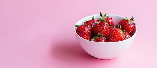 Wall Mural - delicious strawberry in a big white bowl on the table pastel background. with copy space image. Place for adding text or design