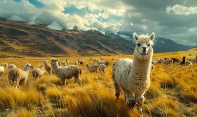 Wall Mural - A herd of alpacas against the backdrop of picturesque highland scenery