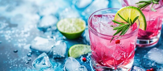 Aufkleber - Refreshing pink drink or cocktail with ice, garnished with a slice of lime and rosemary. Copy space image. Place for adding text or design