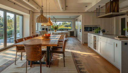 Wall Mural - A large open kitchen with a wooden table and chairs