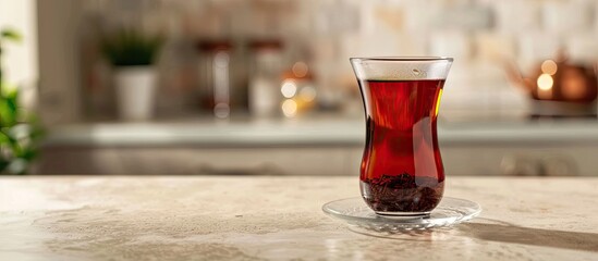 Aufkleber - Glass with hot Turkish tea on table in kitchen. with copy space image. Place for adding text or design