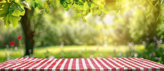 Wall Mural - Food background, Picnic table with tablecloth for food, product display over blur green nature outdoor background, Table top, desk cover with white and red pattern clothing and blurred garden