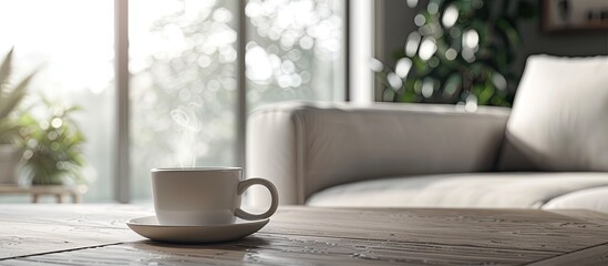 Wall Mural - Cup with hot drink on coffee table, on home interior background. with copy space image. Place for adding text or design