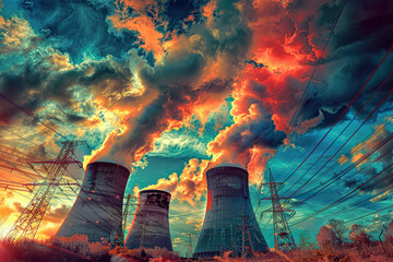 Wall Mural - Generative ai on theme of nuclear power plant made of huge smokestacks polluting the environment