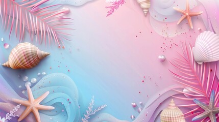 Wall Mural - Summer season luxury design elements with colourful gradient blend banners, seashell decorations, and empty coastline