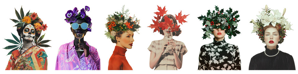 Wall Mural - PNG floral head woman photography  cut out element set