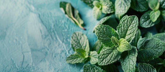 Fototapete - Fresh raw mint leaves isolated. Mint leaves on pastel background. Green mint leaves. with copy space image. Place for adding text or design