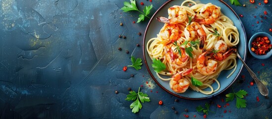 Leinwandbilder - Pasta spaghetti with grilled shrimps bechamel sauce. Spaghetti with seafood rich cream. Cooking mediterranean food with savory prawns, macro top view, blue table, italian cuisine