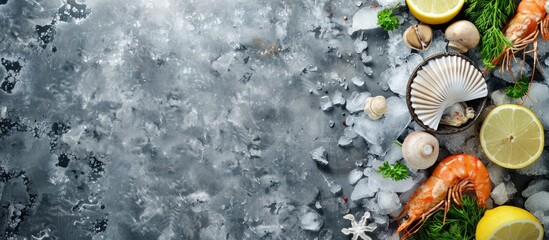 Poster - Seafood raw material with overhead view on the ice.Top view frozen mediterranean food and ingreident herb such as lemon ,dill, parsley. with copy space image. Place for adding text or design