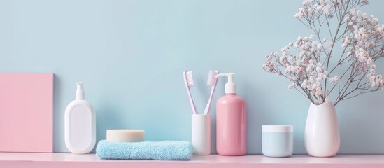 Wall Mural - Bath accessories. Dressing table. Cosmetics and hygiene products. Spa and beauty salon. Toothbrush and soap, cream containers. with copy space image. Place for adding text or design