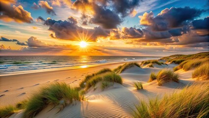 Wall Mural - Sunset at the beach with sand dunes , Beach, sunset, ocean, sand, dunes, horizon, sky, waves, tranquil, scenery