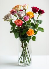 Poster - AI-generated illustration of a bouquet of colorful roses in a glass vase against a white background.