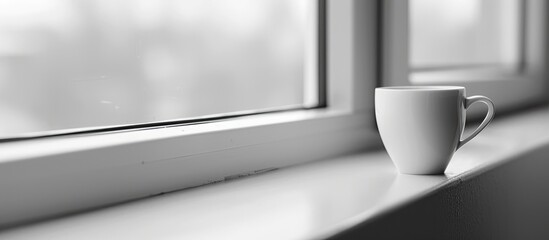 Aufkleber - White cup of coffee on a sunlit window sill. Black and white image, selective focus. with copy space image. Place for adding text or design