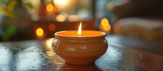 Poster - Close up shot of fire burning candle in ceramic pot. with copy space image. Place for adding text or design