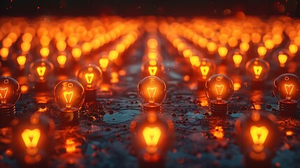 Wall Mural - A detailed image of a grid of glowing light bulbs on a dark background, symbolizing ideas and innovation. The light bulbs are evenly spaced and emit a warm