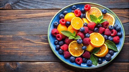Wall Mural - Plate of assorted fruits with blueberries, oranges, and raspberries, healthy, fresh, colorful, organic, juicy, vibrant