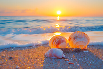 Beautiful seashells lying on the sand with ocean waves crashing on a beach at sunset