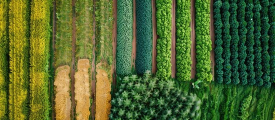 Fototapete - Aerial image of agricultural test plots with different sorts of cereal crops, hybrids, shoot from drone. with copy space image. Place for adding text or design