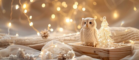 Poster - White owl figurine and glass Christmas tree toy in wooden box on biege tulle background with fairy lights, Christmas cozy winter scene. with copy space image. Place for adding text or design