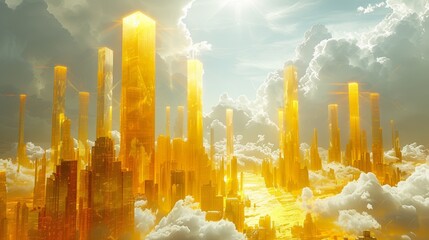 Wall Mural - Yellow abstract art with digital rendering of a surreal city. With yellow geometric buildings and a dreamy sky.