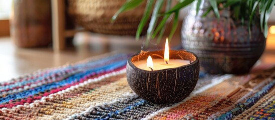 Poster - Cozy home interior decor, burning candles in coconut shell on a multi-colored rug with metal vase background. with copy space image. Place for adding text or design