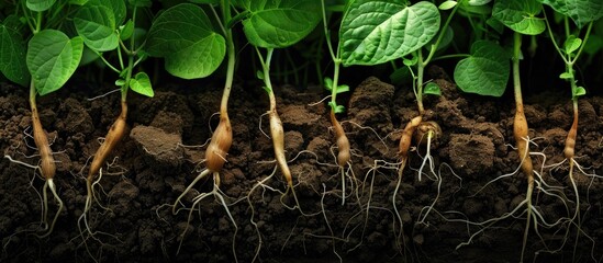 Poster - ROOTS WITH LEAVES OF FRESH SOY. GERMINATED SOYBEAN SPROUTS IN THE SOIL. Copy space image. Place for adding text or design