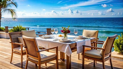 Wall Mural - Dining outdoor with a beautiful sea view at the beach, dining, outdoor, sea view, beach, ocean, restaurant, table