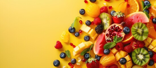 Fototapete - Delicious exotic fruit salad on yellow background, top view. Space for text. Copy space image. Place for adding text or design