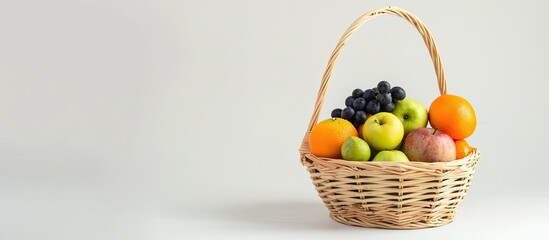 Leinwandbilder - Wicker basket with different fruits on white background. Copy space image. Place for adding text or design