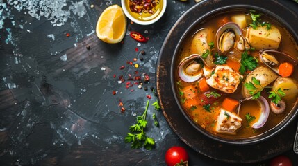 Canvas Print - A seafood stew with tomatoes, potatoes, cod, and clams, simmered in a flavorful broth