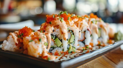 Wall Mural - A seafood sushi roll with tempura shrimp, avocado, and cucumber, topped with spicy mayo and tobiko