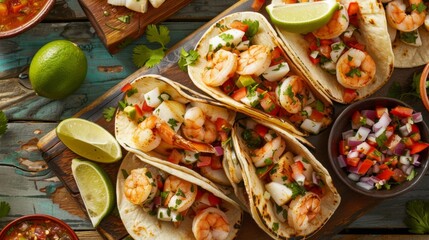Wall Mural - A seafood taco platter with fish tacos, shrimp tacos, and scallop ceviche, served with salsa and lime wedges