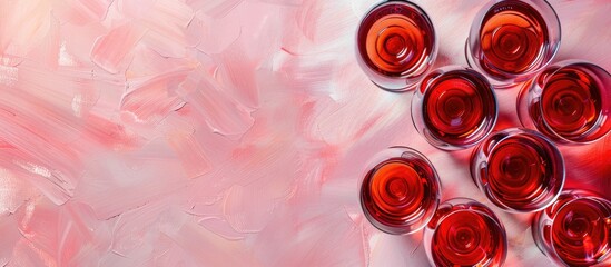 Aufkleber - Many glasses of red wine at wine tasting. Concept of red wine on colopastel background. Top view, flat lay design. with copy space image. Place for adding text or design