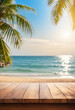 © Giuseppe Cammino - Top of wood table with seascape and palm tree, blur bokeh light of calm sea and sky at tropical beach background
