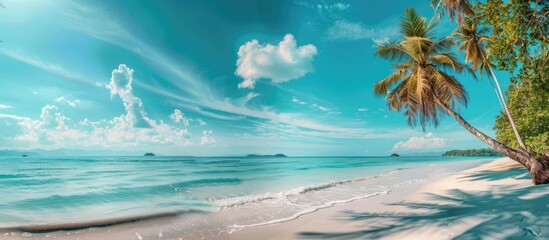 Wall Mural - tropical paradise beach with white sand and coco palms travel tourism wide panorama background concept. Copy space image. Place for adding text or design