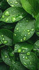 Wall Mural - Fresh green leaves with water droplets close-up
