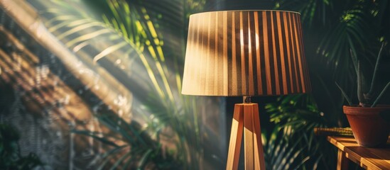 a wooden lamp standing in an office being reflected bu sun rays. with copy space image. place for ad