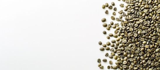 Leinwandbilder - Dried green coffee beans isolated on white background, top view. Copy space image. Place for adding text or design
