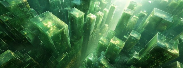 Wall Mural - Green abstract art with digital rendering of a surreal city. With yellow geometric buildings and a dreamy sky.