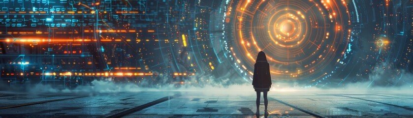 A figure standing in front of a futuristic, holographic interface