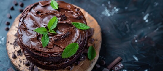 Fototapete - Close up of delicious home made vegan chocolate cake decorated with Melissa green leaves. Vegetarian birthday pastry. Copy space image. Place for adding text or design