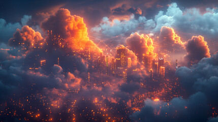 Wall Mural - A cityscape with a large orange cloud in the sky