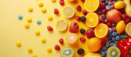 Wall Mural - Healthy nutrition concept. Fruits and vegetables vs sweets and unhealthy food. with copy space image. Place for adding text or design