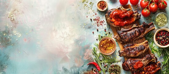 Aufkleber - grill meat on bread with spices and sauces pastel background. with copy space image. Place for adding text or design