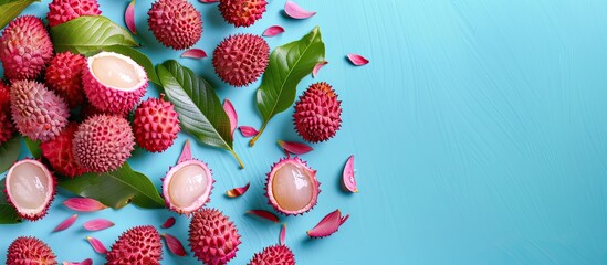 Fototapete - Lychee on the pastel background.  Food  Isolated  Concept. with copy space image. Place for adding text or design
