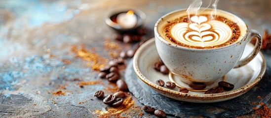 Fototapete - cup of cappuccino coffee with buddhist OM symbol pastel background. with copy space image. Place for adding text or design