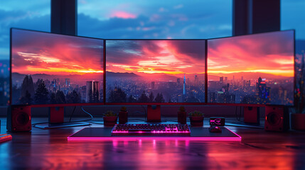 Wall Mural - interior of a computer office with City at dusk Scenery